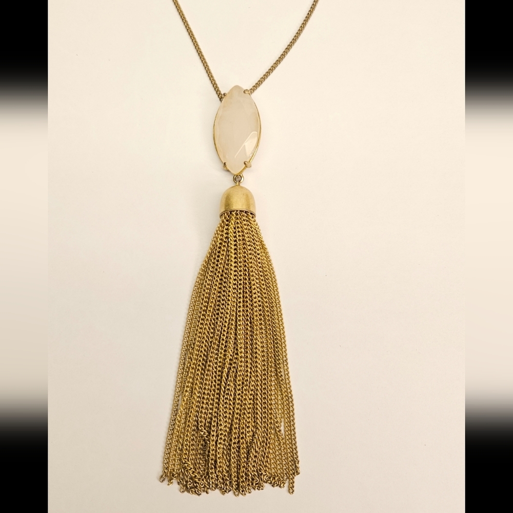 LOFT Gold and Pale Pink Stone Tassel Necklace